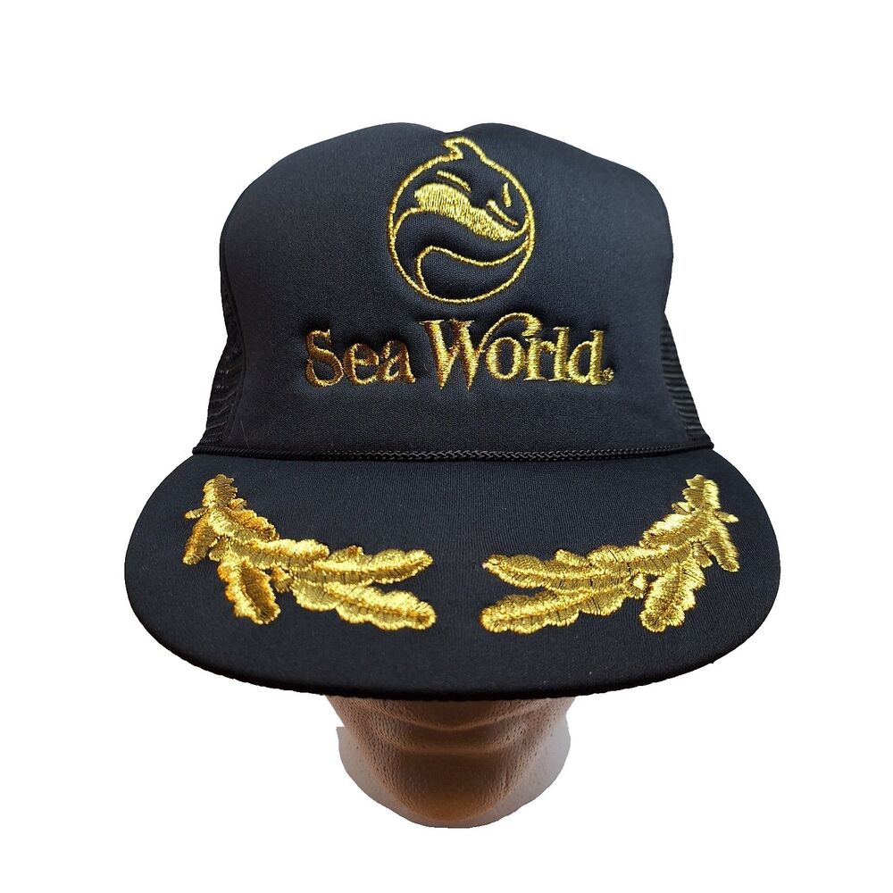 Sea World Trucker Hat Scrambled Eggs Black SnapBack Embroidered 1988 Flat Brim